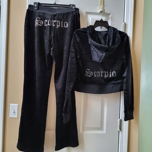 Juicy Couture Velour Black Tracksuit Scorpio Zodiac Set Hoodie & Pants Size S